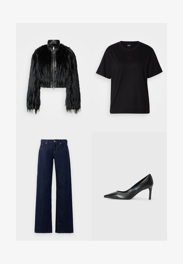 Jacket cropped preta que combina mangas longas de pelo sintético com um colarinho de pele sintética preto e fecho de correr frontal, apresentando um acabamento texturizado e desgrenhado.; T-shirt de algodão preto com decote redondo, mangas curtas e um logótipo bordado no peito. Corte simples e descontraído, sem padrões.; Calças de ganga de perna larga em denim azul escuro, com design padrão de cinco bolsos, costura em cobre e fecho de botão na cintura.; Pump de couro preto com bico fino e salto slim, textura suave e sem adornos visíveis. Design limpo com uma estética minimalista.