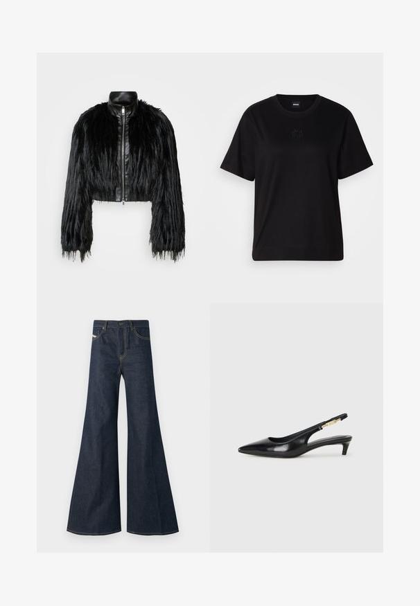 Must ikka, millel on pikad kunstkarvast varrukad, musta nahkdetailiga kaeluse ja ees oleva tõmblukuga, koos struktuurse, karvase viimistlusega.; Mustmust särk, millel on ümar kaelus, lühikesed varrukad ja tindiga tikitud logo rinnal. Lihtne, mugav lõige ilma mustriteta.; Tumedat sinavad teksad, mille sirge lõige, kõrge vöökoht, kuldne tikand ja kaks esitaskut nupuga.; Mustad nahast slingback kontsad terava ninaga, millel on õhuke konts ja kuldse tooni aktsent reguleeritaval rihmal. Sile tekstuur.