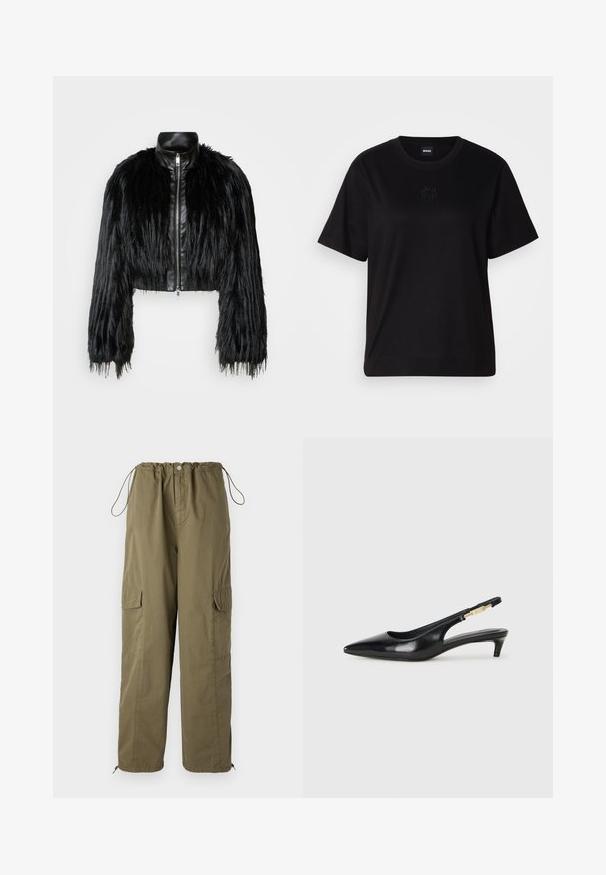 Čierna skrátená bunda kombinujúca dlhé rukávy z umelého kožušiny s čiernym koženým golierom a predným zipsom, so štruktúrovaným, strapcovitým povrchom.; Čierne bavlnené tričko s okrúhlym výstrihom, krátkymi rukávmi a vyšívaným logom na hrudi. Jednoduchý, voľný strih bez vzorov.; Olivové cargo nohavice s elastickým pásom, šnúrkou a vreckami na oboch stranách; vyrobené z ľahkej, texturovanej tkaniny.; Čierne kožené slingback opätky s špicatou špičkou, s úzkym opätkom a zlatým detailom na nastaviteľnom remienku. Hladká textúra.