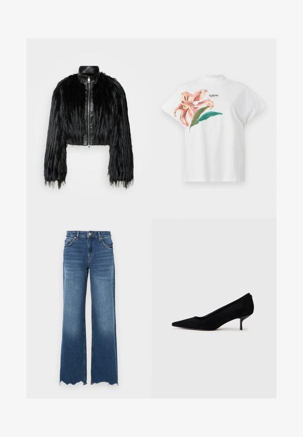 Melnā īsā jaka ar garām mākslīgā kažoka piedurknēm, melnu ādas apkakli un priekšējo rāvējslēdzēju, ar teksturētu, pūkainu apdari.; Balta kokvilnas T-kreklu ar īsām piedurknēm, kurā kreisajā pusē ir rozā ziedu raksts un zaļas lapas. Virs raksta ir pelēks "Guess" logo.; Džinsa zili izbalināti džinsi ar izpletni, vidēji zili ar saruļotu apmali, piecām kabatām un priekšējās pogas aizdari.; Melnas zamšādas augstpapēžu kurpes ar vienu punktētu purngalu un šauru, zemu papēdi. Gluda tekstūra ar elegantu dizainu, bez redzamiem aksesuāriem.