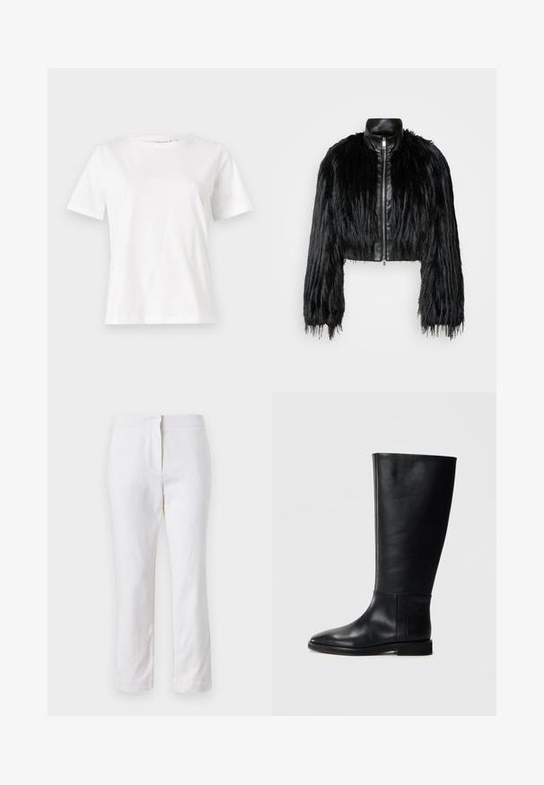 Juodas trumpas švarkas, derinantis ilgas dirbtinio kailio rankoves su juodu odiniu apykakle ir priekiniais užtrauktukais, turintis tekstūruotą, purų paviršių.; Balta medvilninė marškinėliai trumpomis rankovėmis, su apvalia iškirpte ir laisvu siluetu. Lygi tekstūra, be raštų ar akcentų, minimalistinis dizainas.; Balti medvilniniai kelnių su tiesiu kojų dizainu, turintys vidutinį liemenį ir be matomų detalių ar raštų. Lygi tekstūra visame paviršiuje.; Juodos odinės kelio ilgio boot'ai su apvaliu pirštu, lygia tekstūra, minimalistiniu dizainu ir plokščiu padu. Paprasti siuvinėjimo detalės ant šonu.