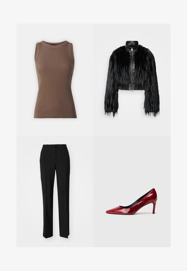 Jacket cropped preta que combina mangas longas de pelo sintético com um colarinho de pele sintética preto e fecho de correr frontal, apresentando um acabamento texturizado e desgrenhado.; DRYKORN OLINA - Top - brown; Calças pretas de corte ajustado com um design de perna reta, apresentando uma textura lisa e pregas bem definidas na frente. Sem hardware visível.; Sapato alto em couro envernizado vermelho com bico fino e salto delgado. Textura suave com acabamento brilhante e forro interior preto.