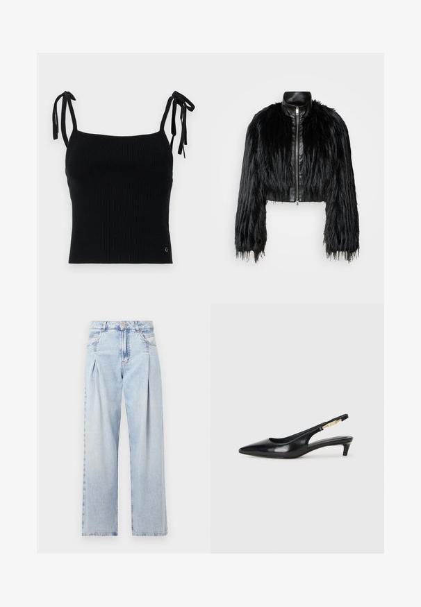 Jachetă scurtă neagră, care combină mânecile lungi din blană sintetică cu un guler din piele neagră și fermoar frontal, având o finisare texturată, zbârcită.; Top scurt negru cu textură în dungi, cu bretele reglabile. Textură netedă, design ajustat și detaliu subtil cu logo în colțul din dreapta jos.; Jeans din denim albastru deschis cu talie înaltă, croială evazată, două buzunare laterale și un design pliat. Textură moale cu un finisaj decolorat.; Sandale slingback din piele neagră cu vârf ascuțit, având un toc subțire și un accent de culoare aurie pe curea ajustabilă. Textură netedă.