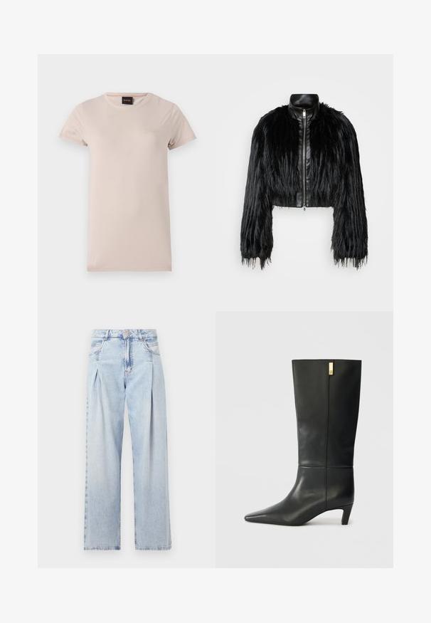 Mustan lyhyen takin yhdistelmä, jossa on pitkät tekoturkishihat, musta nahkakaulus ja etuvetoketju. Takissa on teksturoitu, karhea pinta.; Vaaleanpunainen lyhythihainen t-paita, joka on valmistettu pehmeästä kankaasta. Siinä on pyöreä pääntie ja brodeerattu logo rintamuksessa.; Vaaleansiniset farkut, joissa on korkea vyötärö, leveälahkeinen leikkaus, kaksi sivutaskua ja pleatattu muotoilu. Pehmeä rakenne, jossa on haalistunut viimeistely.; Mustat nahkasaappaat polveen asti, joissa on terävä kärki ja pieni korko. Ominaisuuksina on tyylikäs muotoilu, jossa on kultainen yksityiskohta. Sileä pinta.