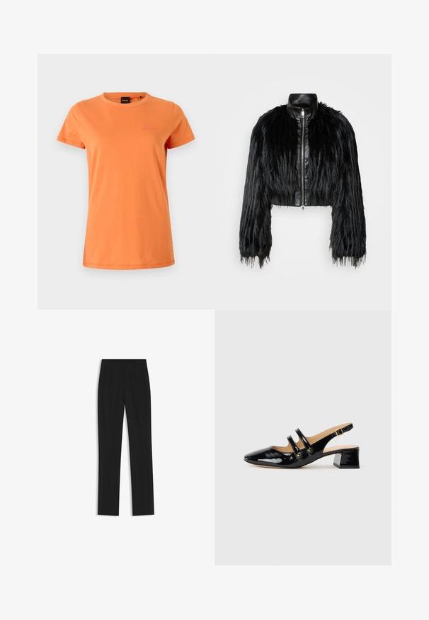 Schwarze, kurz geschnittene Jacke mit langen, gefälschten Pelzärmeln, einem schwarzen Lederkragen und einem Reißverschluss vorne, die eine strukturierte, fusselige Oberfläche hat.; T-Shirt mit kurzen Ärmeln aus leuchtend orangefarbenem Baumwollstoff, Rundhalsausschnitt und gesticktem Logo auf der linken Brust. Glatte Textur, lockere Passform.; Schwarze maßgeschneiderte Hose mit geradem Bein, ausgestattet mit Fronttaschen und einem glatten, strukturierten Stoff. Saubere, minimale Details.; Schwarzer lacklederner Slingback-Schuh mit spitzem Zehenbereich, zwei Riemendetails, goldenen runden Akzenten und niedrigem Blockabsatz.