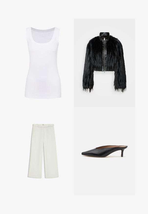 Black cropped jacket combining long faux fur sleeves with a black leather collar and front zipper, featuring a textured, shaggy finish.; White sleeveless tank top made of smooth fabric, featuring a rounded neckline and a fitted silhouette. No visible patterns or accents.; Wide-leg pants in light cream fabric, featuring side pockets, a flat front, and a single button closure at the waist. Smooth texture.; Black leather mules with a pointed toe and low, block heel. Smooth texture with a sleek design. Open back with minimal detailing.