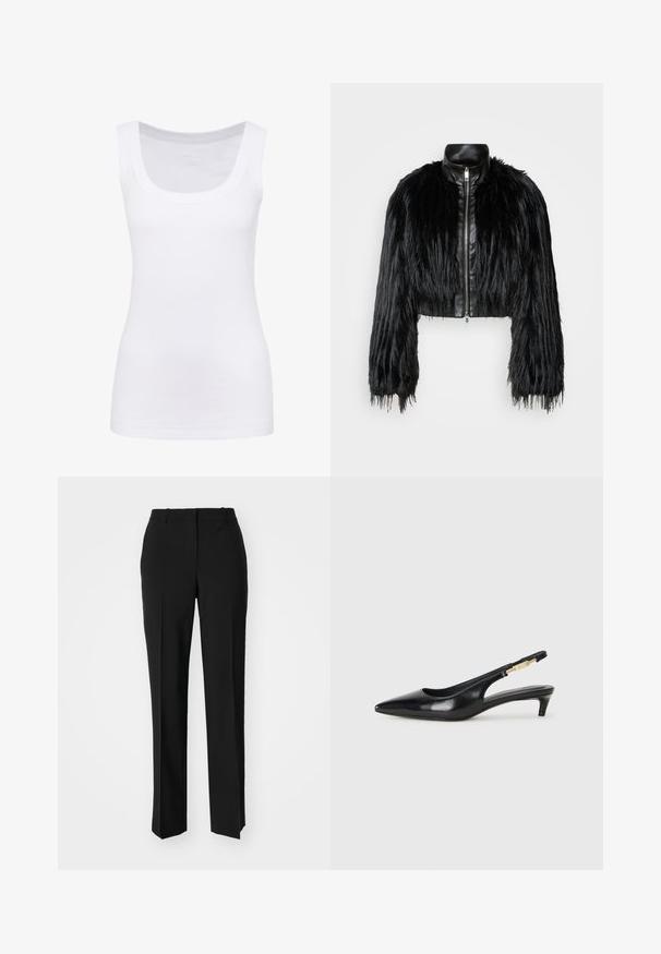 Must ikka, millel on pikad kunstkarvast varrukad, musta nahkdetailiga kaeluse ja ees oleva tõmblukuga, koos struktuurse, karvase viimistlusega.; Valge ilma varrukateta T-särk, mis on valmistatud siledast kangast, ümmarguse kaelusega ja keha lähedase lõikega. Ei ole nähtavaid mustreid ega erksaid detaile.; Mustad ja sirged püksid, millel on sile tekstuur ja teravad voldid esiosas. Ilma nähtavate detailideta.; Mustad nahast slingback kontsad terava ninaga, millel on õhuke konts ja kuldse tooni aktsent reguleeritaval rihmal. Sile tekstuur.