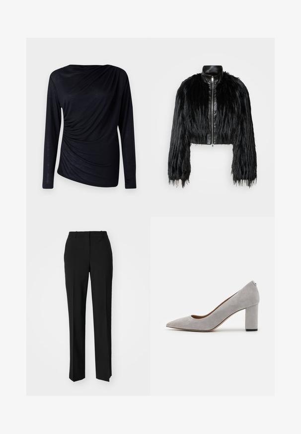 Juodas trumpas švarkas, derinantis ilgas dirbtinio kailio rankoves su juodu odiniu apykakle ir priekiniais užtrauktukais, turintis tekstūruotą, purų paviršių.; Juodas ilgomis rankovėmis viršus, pagamintas iš lengvos medžiagos, su drapiruotu dizainu ir susiraukšlėmis kairėje pusėje.; Juodi pritaikyti kelnių modeliai su tiesiomis kojomis, pasižyminčios lygiomis tekstūromis ir ryškiomis klostėmis priekyje. Nėra matomų detalių.; Pilko zomšo puspirštis su smailiu pirštu ir dideliu kulnu. Pasižymi lygiu paviršiumi ir subtilia kulno akcentu, kuris suteikia stabilumo.