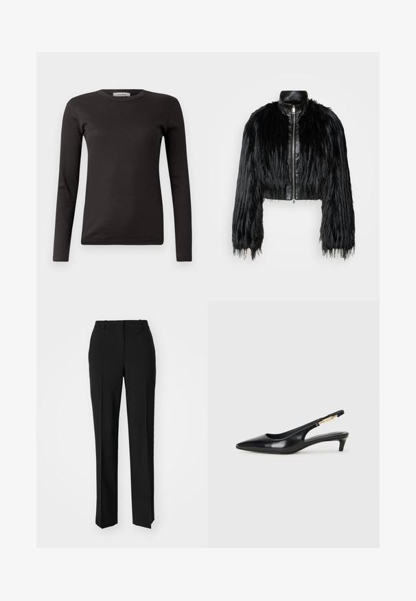 Black cropped jacket combining long faux fur sleeves with a black leather collar and front zipper, featuring a textured, shaggy finish.; Black long-sleeve ribbed t-shirt with a round neckline and a fitted design. Made from a soft cotton material, suitable for layering.; Black tailored trousers with a straight-leg design, featuring a smooth texture and crisp creases along the front. No visible hardware.; Black leather slingback heels with a pointed toe, featuring a slim heel and a gold-tone accent on the adjustable strap. Smooth texture.