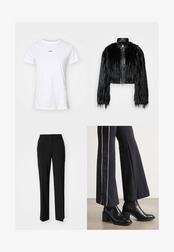 Fekete crop dzseki, amely hosszú műszőrme ujjakkal, fekete bőr gallérral és elöl cipzárral kombinálva, texturált, bolyhos felülettel rendelkezik.; Fehér pamut póló kerek nyakkal, rövid ujjal és egy kis fekete, írott logóval a mellkasán. Sima textúra, normál szabás.; Fekete, testhezálló nadrág egyenes szárú kivitelben, sima textúrával és éles redőkkel az elején. Nincs látható fémalkatrész.; Fekete bőr bokacsizma, tömbsarkúval, oldalán rugalmasszal ellátott panelek találhatók. Fekete nadrággal párosítva, amelynek fehér oldalsávja van.