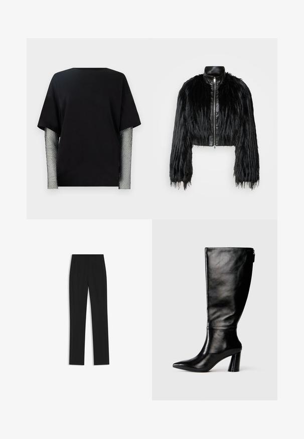 Black cropped jacket combining long faux fur sleeves with a black leather collar and front zipper, featuring a textured, shaggy finish.; Black short-sleeve t-shirt with a round neck, featuring metallic mesh sleeves with a diamond pattern. Smooth cotton body, relaxed fit.; Black tailored trousers with a straight-leg design, featuring front pockets and a smooth, textured fabric. Neat, minimal detailing.; Knee-high black leather boot with a pointed toe, smooth texture, and a chunky heel. Features a zipper detail at the back.