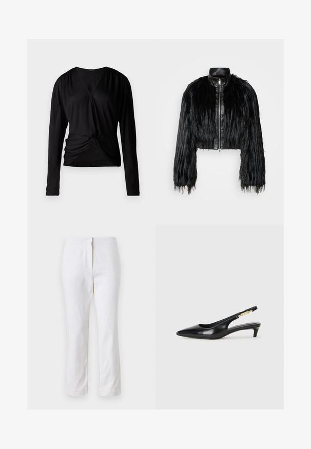 Jacket cropped preta que combina mangas longas de pelo sintético com um colarinho de pele sintética preto e fecho de correr frontal, apresentando um acabamento texturizado e desgrenhado.; Blusa preta de mangas longas com decote em V, ombros franzidos e detalhe de nó na frente; feita de um tecido suave e leve.; Calças de algodão brancas com um design de perna reta, apresentando uma cintura de altura média e sem hardware ou padrões visíveis. Textura suave por toda a peça.; Saltos slingback em couro preto com bico fino, apresentando um salto esguio e um detalhe em tom dourado na alça ajustável. Textura suave.