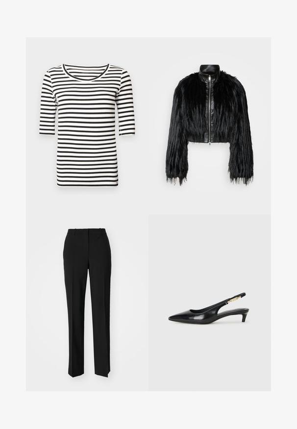 Schwarze, kurz geschnittene Jacke mit langen, gefälschten Pelzärmeln, einem schwarzen Lederkragen und einem Reißverschluss vorne, die eine strukturierte, fusselige Oberfläche hat.; Schwarz-weiß gestreiftes T-Shirt mit rundem Ausschnitt und Dreiviertelärmeln. Glatter Baumwollstoff mit figurbetontem Schnitt.; Schwarze, taillierte Hose mit geradem Bein, aus einem glatten Stoff und mit klaren Falten an der Vorderseite. Keine sichtbare Hardware.; Schwarze Leder-Slingback-Pumps mit spitzem Schuhblatt, ausgestattet mit einem schlanken Absatz und einem goldfarbigen Akzent am verstellbaren Riemen. Glatte Textur.