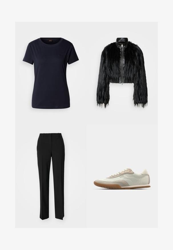 Jacket cropped preta que combina mangas longas de pelo sintético com um colarinho de pele sintética preto e fecho de correr frontal, apresentando um acabamento texturizado e desgrenhado.; T-shirt de manga curta azul-marinho, feito de algodão, com decote redondo e um pequeno logótipo bordado no peito. Textura suave.; Calças pretas de corte ajustado com um design de perna reta, apresentando uma textura lisa e pregas bem definidas na frente. Sem hardware visível.; Sapatilha branca e bege com umUpper suave e detalhes em camurça, sola texturizada e costura tonal. Fecho com atacadores e detalhe com logótipo.