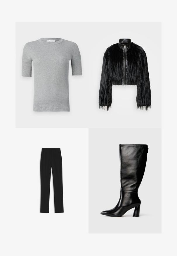 Czarna krótka kurtka z długimi futrzanymi rękawami z sztucznego futra, z czarnym skórzanym kołnierzem i frontowym zamkiem błyskawicznym, charakteryzująca się teksturowanym, kudłatym wykończeniem.; Szara koszulka z krótkim rękawem wykonana z materiału w prążki. Posiada okrągły dekolt oraz dopasowany krój z wyraźnymi krawędziami i minimalnymi detalami.; Czarne spodnie o dopasowanym kroju z prostymi nogawkami, z przednimi kieszeniami i gładką, teksturowaną tkaniną. Schludne, minimalistyczne wykończenie.; Czarny skórzany but do kolan z ostro zakończonym noskiem, gładką fakturą i grubym obcasem. Posiada zamek z tyłu.
