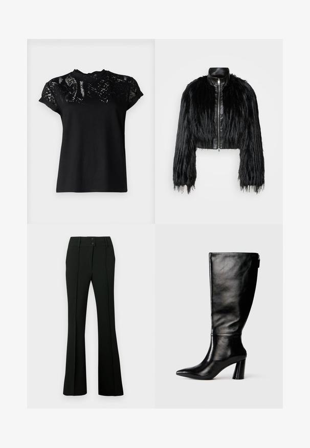 Jacket cropped preta que combina mangas longas de pelo sintético com um colarinho de pele sintética preto e fecho de correr frontal, apresentando um acabamento texturizado e desgrenhado.; AllSaints ANNA SNAKE TEE - T-shirt estampada - black; Calças pretas com corte evasê, confeccionadas em tecido liso, cós alto com dois botões e pregas frontais, conferindo um aspeto ajustado.; Bota de couro preta até o joelho com bico fino, textura lisa e salto robusto. Possui um fecho de zíper na parte traseira.