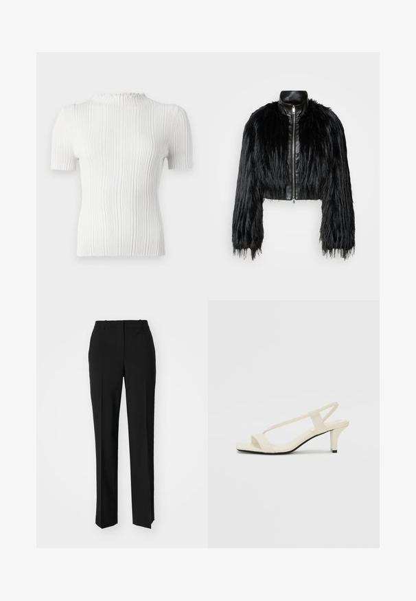 Črn skrajšan jopič, ki združuje dolge rokave iz umetnega krzna s črnim usnjenim ovratnikom in sprednjim zadrgo, z dokaj teksturiranim, kosmatim zaključkom.; Bela rebrasta majica s kratkimi rokavi z visokim ovratnikom in teksturiranim zaključkom. Ima subtilne vertikalne črte in oprijet kroj.; Črne krojene hlače s direktnim krojem, ki se ponašajo z gladko teksturo in ostrimi pregibi spredaj. Ni vidne kovine.; Bež sandale z blok peto, tankimi trakovi in kvadratnim prstom. Gladek material z minimalnim okrasjem, zasnovan za enostavno nošenje.