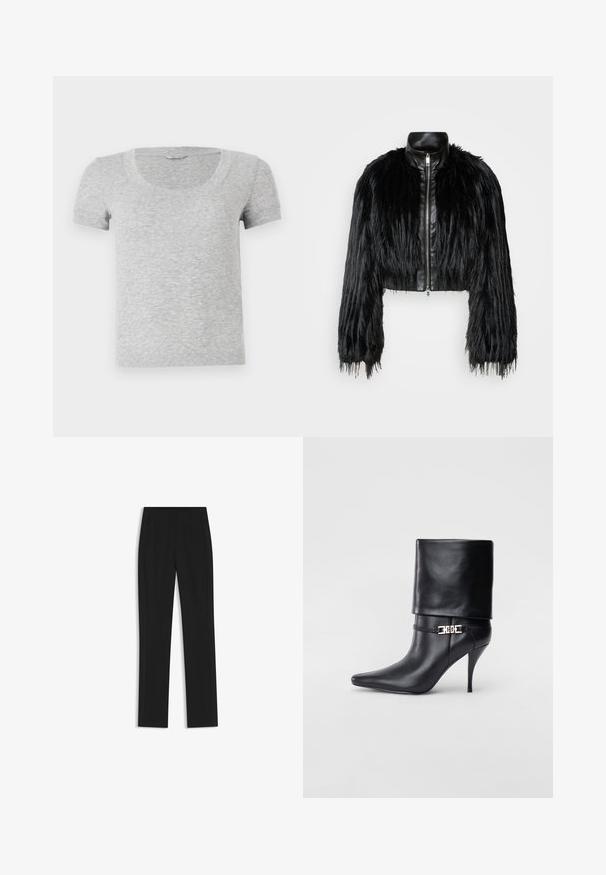 Czarna krótka kurtka z długimi futrzanymi rękawami z sztucznego futra, z czarnym skórzanym kołnierzem i frontowym zamkiem błyskawicznym, charakteryzująca się teksturowanym, kudłatym wykończeniem.; Szara koszulka z krótkim rękawem i okrągłym dekoltem, wykonana z miękkiego, teksturowanego materiału. Charakteryzuje się standardowym krojem i prostymi detalami szwów.; Czarne spodnie o dopasowanym kroju z prostymi nogawkami, z przednimi kieszeniami i gładką, teksturowaną tkaniną. Schludne, minimalistyczne wykończenie.; Czarne skórzane botki za kostkę z ostrym noskiem, wysokim obcasem w kształcie stiletto, z załamanym mankietem oraz złotym dekoracyjnym zapięciem na kostce.