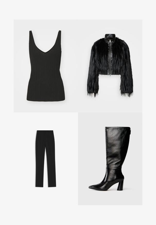 Svart kort jacka som kombinerar långa sockerfuskärmar med en svart läderkrage och dragkedja fram, med en texturerad, shaggy finish.; Svart ribbad linne med V-ringning och utan ärmar. Har en figurnära silhuett och textil med struktur. Slät finish vid fållen.; Svarta skräddarsydda byxor med rak bendesign, som har framfickor och ett slätt, strukturerat tyg. Prydlig, minimal detaljer.; Knä-höga svarta läderstövlar med spetsig tå, slät yta och kraftig klack. Har en dragkedjedetalj på baksidan.
