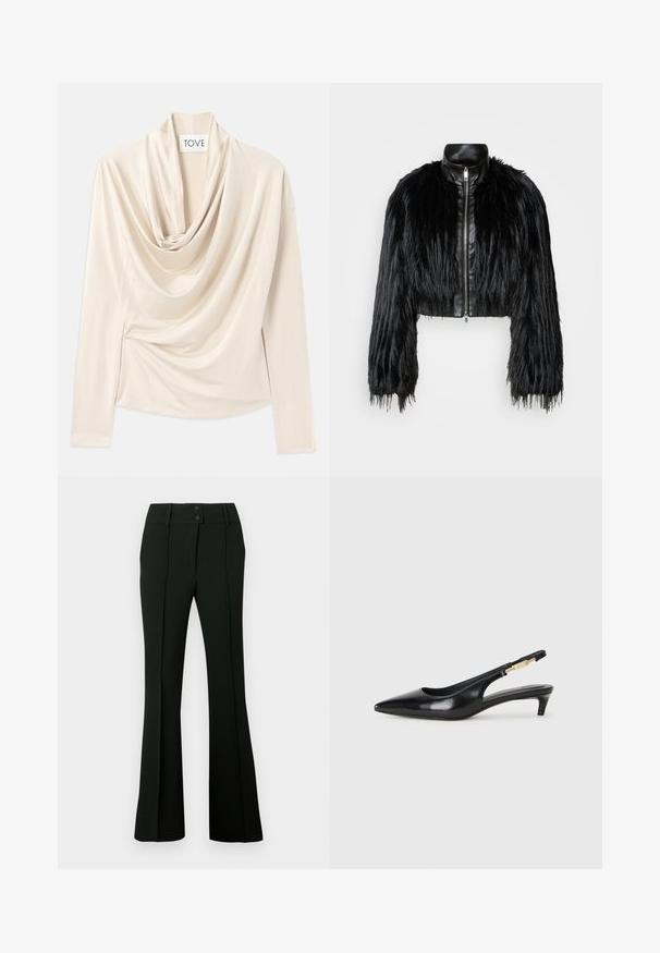 Jacket cropped preta que combina mangas longas de pelo sintético com um colarinho de pele sintética preto e fecho de correr frontal, apresentando um acabamento texturizado e desgrenhado.; Blusa bege drapeada com mangas longas, design de gola drapeada e textura suave e lisa. Presa na cintura com um detalhe franzido discreto.; Calças pretas com corte evasê, confeccionadas em tecido liso, cós alto com dois botões e pregas frontais, conferindo um aspeto ajustado.; Saltos slingback em couro preto com bico fino, apresentando um salto esguio e um detalhe em tom dourado na alça ajustável. Textura suave.