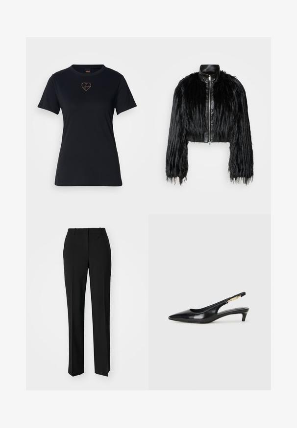 Giacca nera corta che combina maniche lunghe in pelliccia sintetica con un colletto in pelle nera e zip frontale, caratterizzata da una finitura testurizzata e shaggy.; Maglietta in cotone nera con collo a giro, maniche corte e un logo a forma di cuore ricamato in oro rosa sul petto.; Pantaloni neri su misura con un design a gamba dritta, caratterizzati da una texture liscia e pieghe ben definite sul davanti. Senza hardware visibile.; Tacchi slingback in pelle nera con punta affusolata, caratterizzati da un tacco alto e un accento dorato sulla cinghia regolabile. Texture liscia.