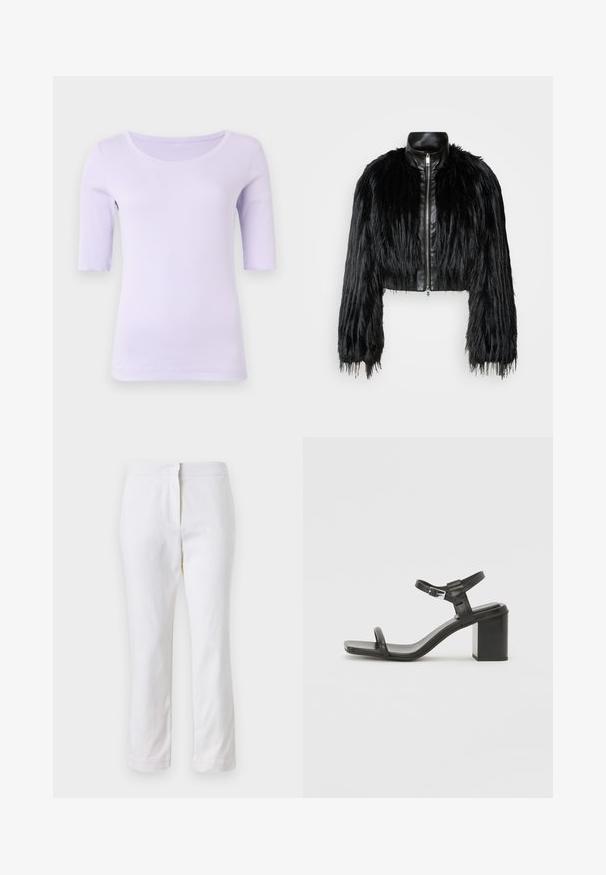 Fekete crop dzseki, amely hosszú műszőrme ujjakkal, fekete bőr gallérral és elöl cipzárral kombinálva, texturált, bolyhos felülettel rendelkezik.; Marc Cain Basic póló - lilac; Fehér pamut nadrág egyenes lábformával, közepes derékkal, látható fémrészek vagy minták nélkül. Sima textúra az egész anyagon.; Fekete bőr, tömbsarkú szandál széles pánttal a lábujjak felett és állítható bokapánttal, letisztult, minimalista dizájnnal.