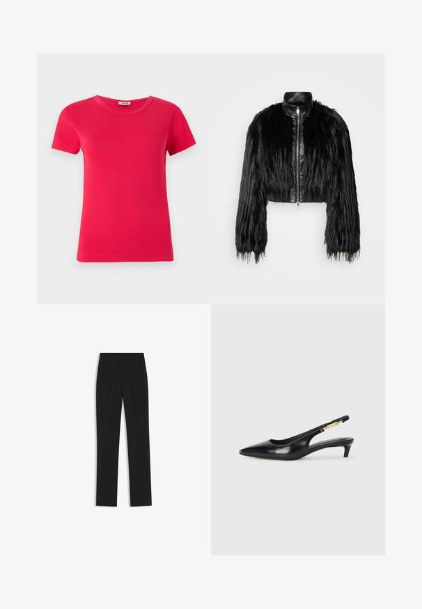 Chaqueta negra corta que combina mangas largas de piel sintética con un collar de cuero negro y cremallera frontal, con un acabado texturizado y despeinado.; Camiseta roja de manga corta con textura acanalada y escote redondo, hecha de una tela suave, con un corte estándar y sin patrones visibles.; Pantalones de traje negros con un diseño de pierna recta, que cuentan con bolsillos delanteros y una tela suave y texturizada. Detalles limpios y minimalistas.; Tacones negros de piel sintética tipo slingback con punta afilada, que cuentan con un tacón delgado y un detalle en tono dorado en la correa ajustable. Textura suave.
