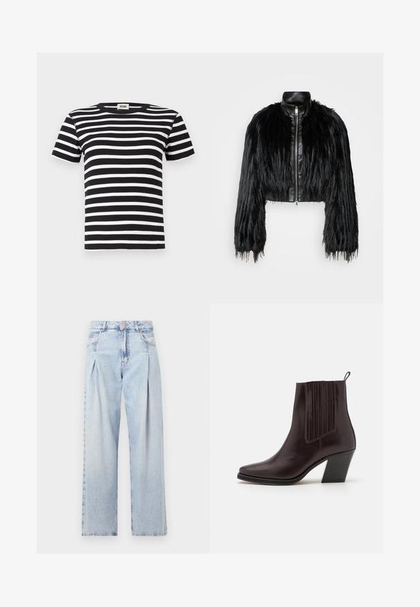 Zwart kort jasje met lange faux fur mouwen en een zwarte leren kraag en ritssluiting aan de voorkant, met een gestructureerde, harige afwerking.; Zwart-wit gestreept T-shirt met korte mouwen, geribbelde textuur, klassiek ronde hals ontwerp, voorzien van horizontale strepen in verschillende breedtes.; Lichtblauwe denim jeans met een hoge taille, wijde pijpen, twee zijzakken en geplooid ontwerp. Zachte textuur met een vervaagd uiterlijk.; Donkerbruine leren enkelboot met een spitse neus, verticale geribbelde details aan de zijkant en een blokhak van gemiddelde hoogte.