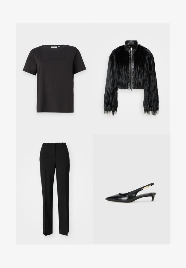Črn skrajšan jopič, ki združuje dolge rokave iz umetnega krzna s črnim usnjenim ovratnikom in sprednjim zadrgo, z dokaj teksturiranim, kosmatim zaključkom.; Črna bombažna majica s kratkimi rokavi, okroglim izrezom in preprostim, čistim dizajnom. Brez vidnih vzorcev ali okraskov.; Črne krojene hlače s direktnim krojem, ki se ponašajo z gladko teksturo in ostrimi pregibi spredaj. Ni vidne kovine.; Črne usnjene sandale na peto z ostro konico, ki imajo tanko peto in zlat ton na nastavljivem traku. Gladka tekstura.