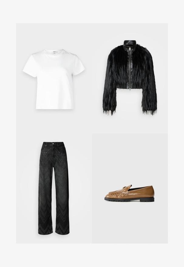Must ikka, millel on pikad kunstkarvast varrukad, musta nahkdetailiga kaeluse ja ees oleva tõmblukuga, koos struktuurse, karvase viimistlusega.; Agolde ADINE SHRUNKEN - Lihtne T-särk - white; Laiad mustad teksad, millel on kvaliteetne zigzag-kangastekstuuri muster. Valmistatud denimist, varustatud nupuga sulgemisega ja kahte esipocketiga.; Pruun lakknahast loafers, ümarate varvastega, vampi peal on kogutud disain ja küljel on väike logo aksessuaar. Kummist talla.