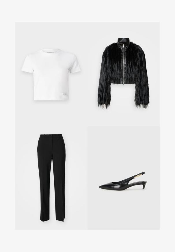 Chaqueta negra corta que combina mangas largas de piel sintética con un collar de cuero negro y cremallera frontal, con un acabado texturizado y despeinado.; Camiseta blanca corta hecha de algodón suave, con un cuello alto y mangas cortas. Pequeño logo bordado en la esquina inferior.; Pantalones negros ajustados con un diseño de pierna recta, que presentan una textura suave y pliegues nítidos en el frente. Sin herrajes visibles.; Tacones negros de piel sintética tipo slingback con punta afilada, que cuentan con un tacón delgado y un detalle en tono dorado en la correa ajustable. Textura suave.