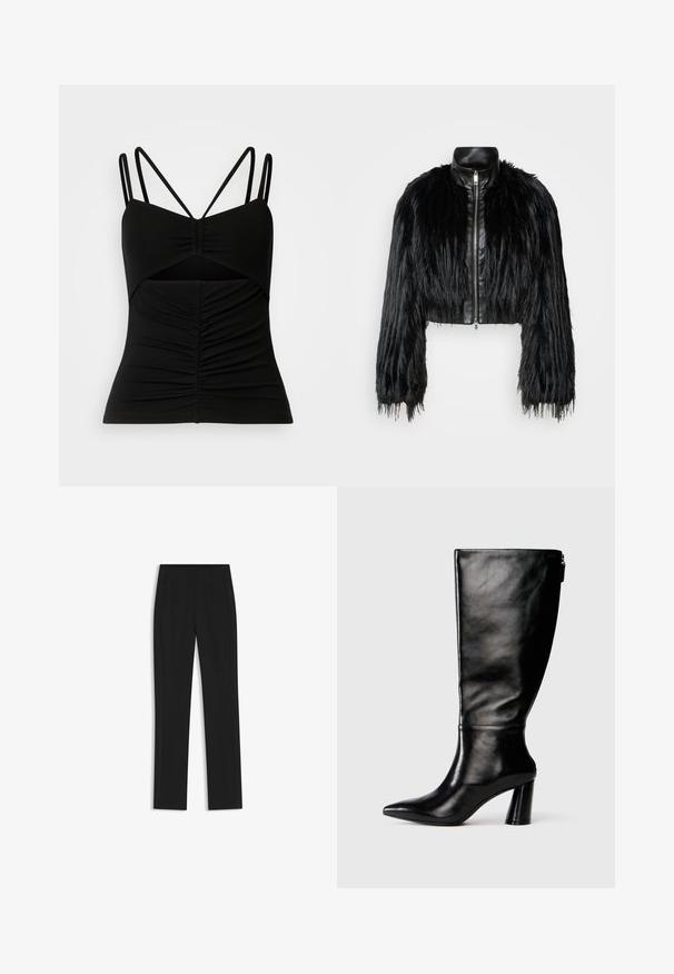 Schwarze, kurz geschnittene Jacke mit langen, gefälschten Pelzärmeln, einem schwarzen Lederkragen und einem Reißverschluss vorne, die eine strukturierte, fusselige Oberfläche hat.; Schwarzes ärmelloses Top mit verstellbaren dünnen Trägern, das eine geraffte Optik an der Vorderseite und ein Cut-out-Detail im Mittelteil aufweist.; Schwarze maßgeschneiderte Hose mit geradem Bein, ausgestattet mit Fronttaschen und einem glatten, strukturierten Stoff. Saubere, minimale Details.; Knöchelhohe schwarze Lederstiefel mit einer spitzen Zehe, glatter Oberfläche und einem klobigen Absatz. Verfügt über einen Reißverschluss hinten.