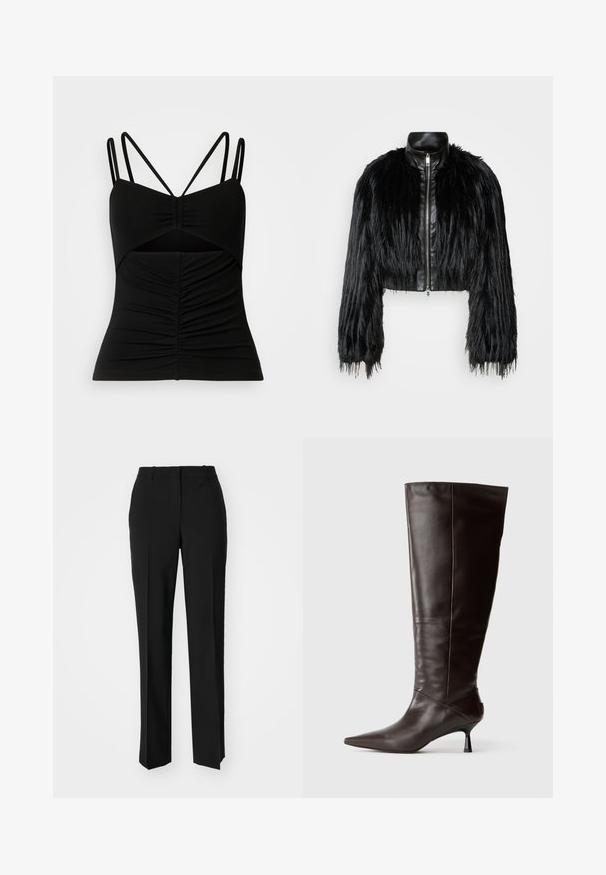 Juodas trumpas švarkas, derinantis ilgas dirbtinio kailio rankoves su juodu odiniu apykakle ir priekiniais užtrauktukais, turintis tekstūruotą, purų paviršių.; Juoda be rankovių palaidinė su reguliuojamomis plonomis petnešėlėmis, turinti raukšlėtą dizainą priekyje ir išpjovimą viduryje.; Juodi pritaikyti kelnių modeliai su tiesiomis kojomis, pasižyminčios lygiomis tekstūromis ir ryškiomis klostėmis priekyje. Nėra matomų detalių.; Rudi odos kelių ilgio batai su smailiu pirštu ir siauru kulnu. Lygus paviršius ir elegantiškas dizainas, pasižymintis minimaliu siluetu.