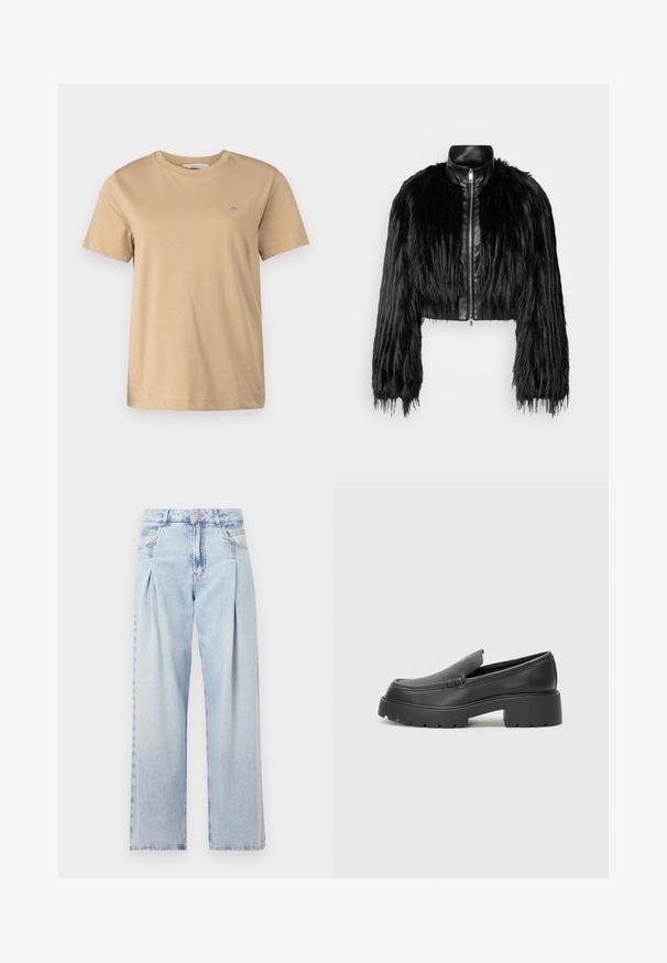 Chaqueta negra corta que combina mangas largas de piel sintética con un collar de cuero negro y cremallera frontal, con un acabado texturizado y despeinado.; GANT SHIELD - Camiseta básica - caramel beige; Jeans de mezclilla azul claros con cintura alta, corte de pierna ancha, dos bolsillos laterales y un diseño plisado. Textura suave con un acabado deslavado.; Mocasines de piel negra con punta redondeada, suela texturizada gruesa y mínimos detalles de costura. Diseño elegante sin cordones o herrajes visibles.