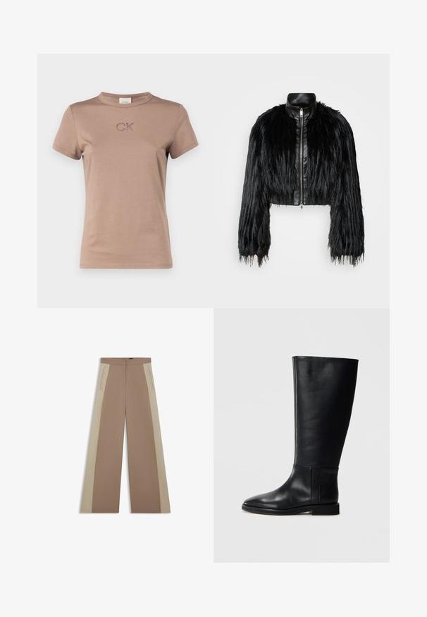 Sort cropped jakke med lange faux fur ærmer, en sort læderkrave og lynlås foran, med en tekstureret, shaggy finish.; Brun bomulds T-shirt med korte ærmer, rund halsudskæring og broderet "CK" logo på brystet. Glat tekstur med et enkelt design.; Brune brede bukser med beige sidepaneler, der har en flad front, skjulte lommer og en glat tekstur. Skræddersyet design og rene linjer.; Sorte læderknæhigh støvler med rund tå, glat tekstur, minimalistisk design og flad sål. Enkle sømdetaljer på skaftet.