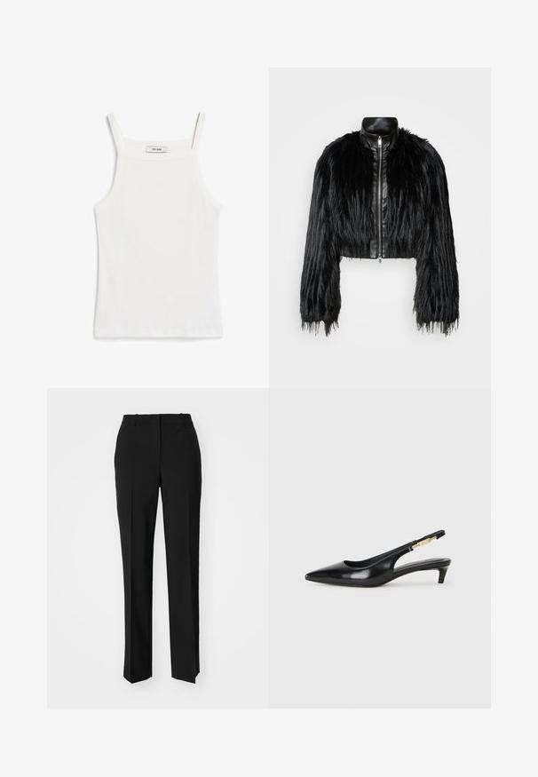 Fekete crop dzseki, amely hosszú műszőrme ujjakkal, fekete bőr gallérral és elöl cipzárral kombinálva, texturált, bolyhos felülettel rendelkezik.; Fehér ujjatlan felső vékony pántokkal, bordás pamutszövetből készült, egyenes dekoltázzsal és tiszta véggel az alján.; Fekete, testhezálló nadrág egyenes szárú kivitelben, sima textúrával és éles redőkkel az elején. Nincs látható fémalkatrész.; Fekete bőr slingback magassarkúk, hegyes orral, vékony sarkakkal és arany színű részlettel a állítható pánton. Simа felület.