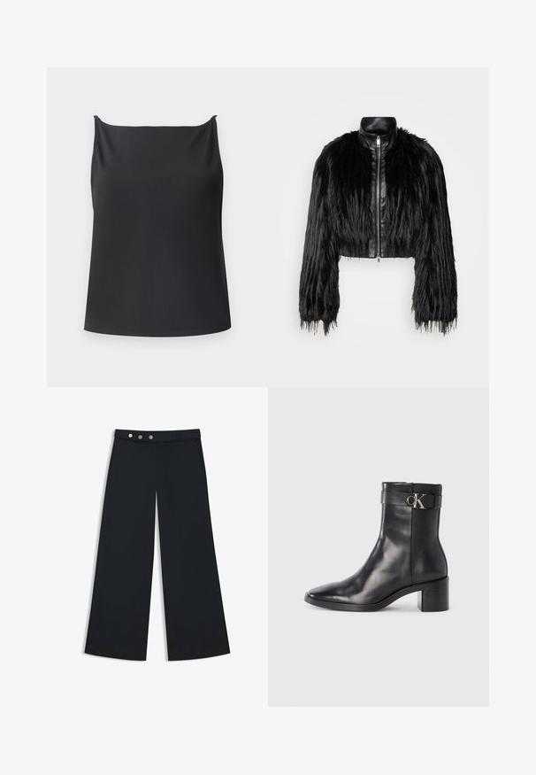 Giacca nera corta che combina maniche lunghe in pelliccia sintetica con un colletto in pelle nera e zip frontale, caratterizzata da una finitura testurizzata e shaggy.; Top nero senza maniche con texture a costine, con scollatura dritta, spalline sottili e una vestibilità comoda. Nessun hardware o motivo visibile.; Pantaloni neri a gamba larga con una texture liscia, dotati di una vita piatta, chiusura a doppio bottone e tasche laterali.; Stivale alla caviglia in pelle nera con punta appuntita, tacco blocco e una cinghia con dettagli metallici del logo. Texture liscia e design minimal.