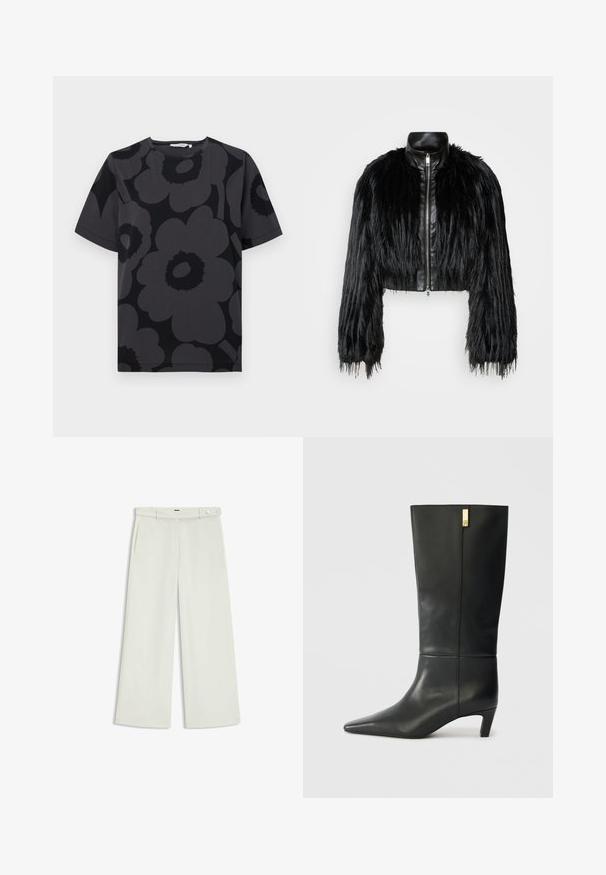 Zwart kort jasje met lange faux fur mouwen en een zwarte leren kraag en ritssluiting aan de voorkant, met een gestructureerde, harige afwerking.; Donkergrijs t-shirt met een bloemmotief in verschillende tinten grijs en zwart, met korte mouwen en een ronde halslijn.; Wijde broek in licht crèmekleurige stof, met zijzakken, een platte voorkant en een enkele knoopsluiting bij de taille. Glad van textuur.; Zwarte leren kniehoge laars met een spitse neus en een kleine hak. Beschikt over een slank ontwerp met een gouden accentdetail. Gladde textuur.