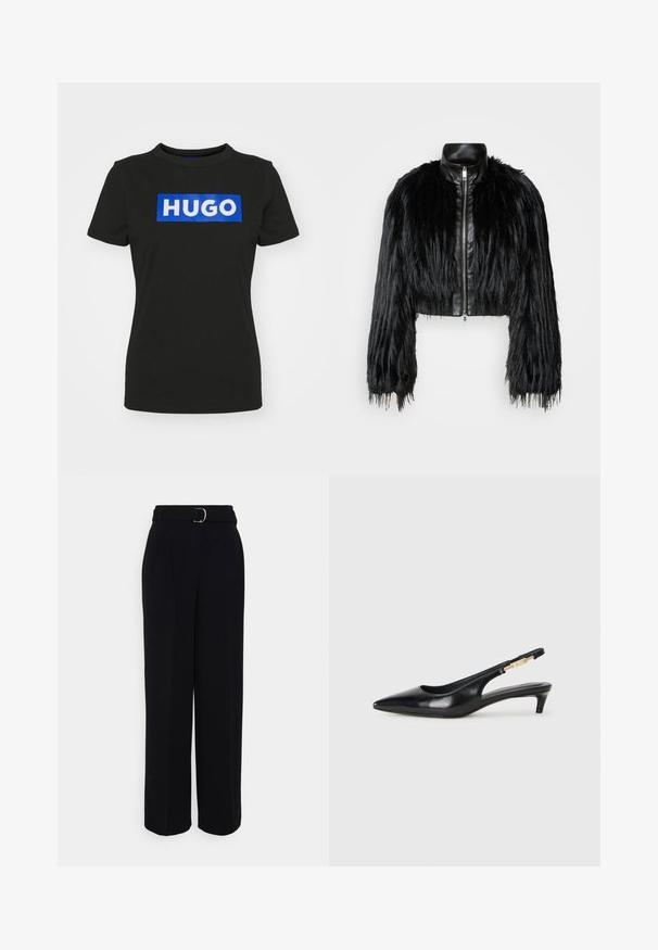Zwart kort jasje met lange faux fur mouwen en een zwarte leren kraag en ritssluiting aan de voorkant, met een gestructureerde, harige afwerking.; Zwarte t-shirt met korte mouwen van katoen, met een grote blauwe rechthoekige grafiek waarop het woord "HUGO" in witte vette letters staat.; Zwarte op maat gemaakte broek met een wijde pijpen-silhouet, voorzien van een riem met een zilveren gesp, plooien en een gladde stofstructuur.; Zwarte leren slingback hakken met een spitse neus, voorzien van een slanke hak en een goudkleurige accent op de verstelbare band. Gladde textuur.