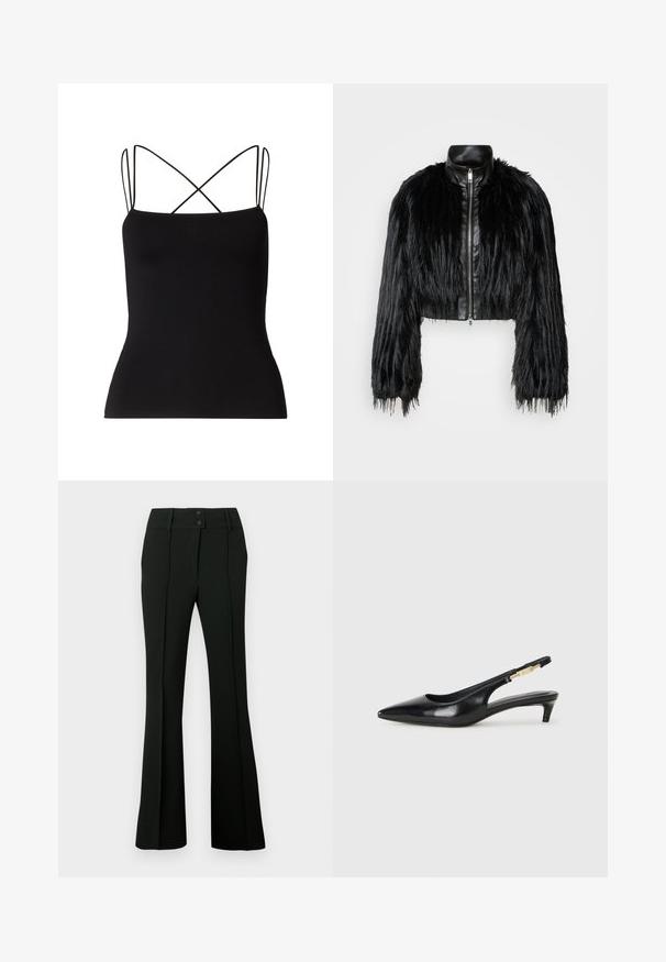 Schwarze, kurz geschnittene Jacke mit langen, gefälschten Pelzärmeln, einem schwarzen Lederkragen und einem Reißverschluss vorne, die eine strukturierte, fusselige Oberfläche hat.; Samsøe Samsøe SANEHA - Top - black; Schwarze, ausgestellte Hose aus glattem Stoff mit hohem Bund und zwei Knöpfen sowie vorderen Abnähern für eine taillierte Optik.; Schwarze Leder-Slingback-Pumps mit spitzem Schuhblatt, ausgestattet mit einem schlanken Absatz und einem goldfarbigen Akzent am verstellbaren Riemen. Glatte Textur.