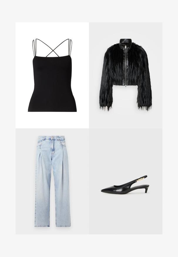 Sort cropped jakke med lange faux fur ærmer, en sort læderkrave og lynlås foran, med en tekstureret, shaggy finish.; Samsøe Samsøe SANEHA - Top - black; Lyseblå denim jeans med høj talje, bred benåbning, to sidelommer og plisseret design. Blød tekstur med et falmet finish.; Sorte læder slingback hæle med spids tå, der har en slank hæl og en guldfarvet detalje på den justerbare rem. Glat tekstur.