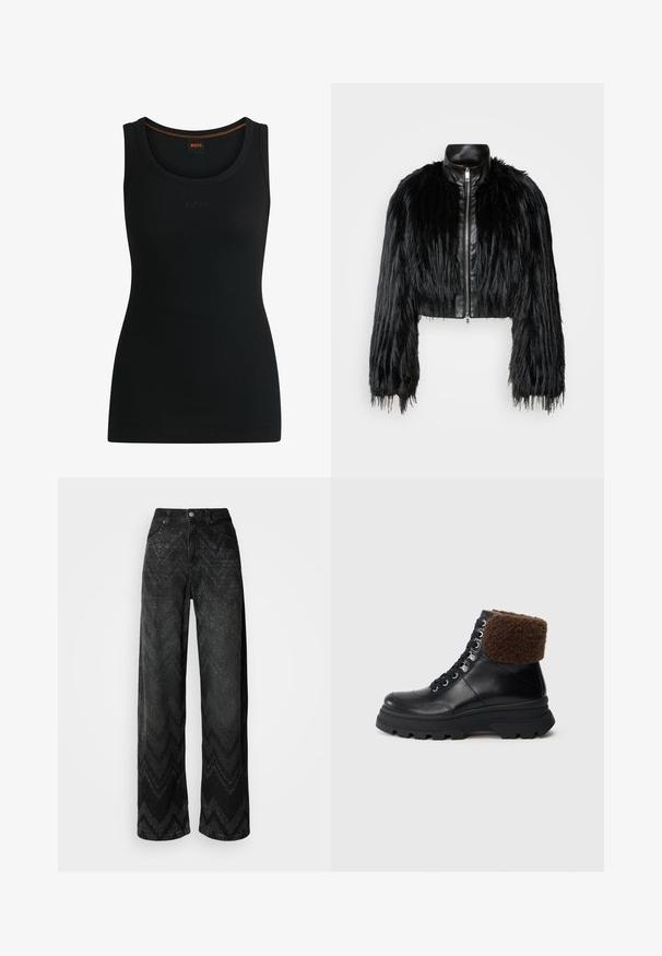 Svart kort jacka som kombinerar långa sockerfuskärmar med en svart läderkrage och dragkedja fram, med en texturerad, shaggy finish.; Svart ribbad linne med rundad halsringning och präglad "BOSS"-logotyp. Har kontrasterande orange sömmar vid halsen. Mjuk tygtextur.; Breda svarta jeans med ett zigzag-texturmönster. Tillverkade av denim, med en knappstängning och två framfickor.; Svart läder snörsko med tjock sula och vikta bruna fårskinnskrage, visad från sidan på en enkel bakgrund.