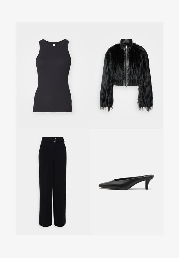 Juodas trumpas švarkas, derinantis ilgas dirbtinio kailio rankoves su juodu odiniu apykakle ir priekiniais užtrauktukais, turintis tekstūruotą, purų paviršių.; Juodas be rankovių marškinėlis su apvaliu iškirpimu. Pagamintas iš minkštos medvilnės audinio, jis turi prigludusią siluetą ir lygų paviršių.; Juodos pritaikytos kelnės plačia kojų siluetu, su diržu su sidabriniu sagtimi, klostėmis ir lygiu audinio paviršiumi.; Juodi odiniai mulesai su smailiu priekiniu kraštu ir žemu stiletto kulnu. Lygi tekstūra, minimalistinis dizainas ir atvira nugarėlė patogiam dėvėjimui.