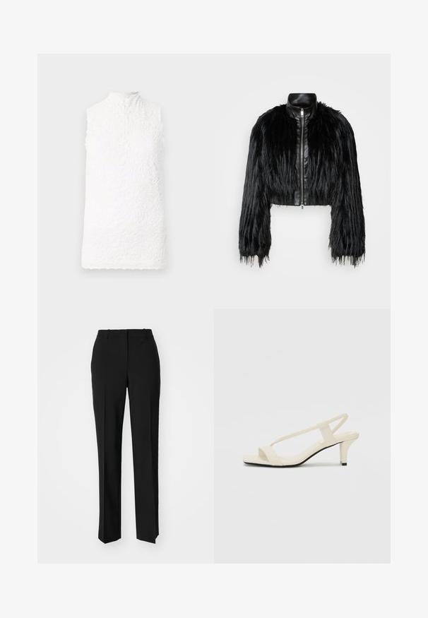 Zwart kort jasje met lange faux fur mouwen en een zwarte leren kraag en ritssluiting aan de voorkant, met een gestructureerde, harige afwerking.; Witte mouwloze top met hoge hals, voorzien van een bloemenkant textuur, gegolfde zoom en knoopsluiting op de rug.; Zwarte op maat gemaakte broek met een recht model, voorzien van een soepele textuur en scherpe plooien aan de voorkant. Geen zichtbare hardware.; Beige blockhak sandalen met dunne bandjes en een vierkante neus. Glad materiaal met minimale details, ontworpen voor eenvoudig dragen.