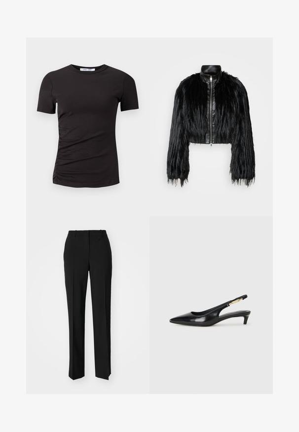 Melnā īsā jaka ar garām mākslīgā kažoka piedurknēm, melnu ādas apkakli un priekšējo rāvējslēdzēju, ar teksturētu, pūkainu apdari.; Melnas īsām piedurknēm krekls, izgatavots no mīkstas auduma, ar apaļu kakla izgriezumu un sapludināšanu kreisajā pusē, lai nodrošinātu smalku tekstūru.; Melnas pielāgotas bikses ar taisnu kāju dizainu, kas raksturojas ar gludu faktūru un asiem krokām pa priekšu. Nav redzamu metāla detaļu.; Melnas ādas slingback zābaki ar smailu purngalu, ar šauru papēdi un zelta krāsas akcentu uz regulējama siksniņas. Gluda tekstūra.