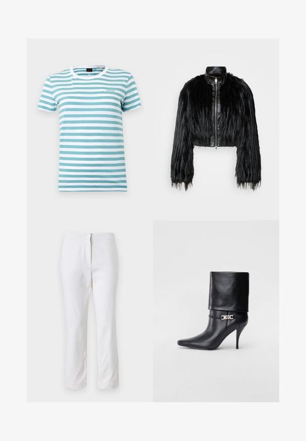 Must ikka, millel on pikad kunstkarvast varrukad, musta nahkdetailiga kaeluse ja ees oleva tõmblukuga, koos struktuurse, karvase viimistlusega.; Triibuline lühikeste varrukatega T-särk teal- ja valgetes toonides, ümaral kaelusel ja väikese "BOSS" logoga rinnal. Puuvillane materjal.; Valged puuvillased püksid sirge lõikega, keskmise kõrgusega vöökoht ja ilma nähtavate detailide või mustriteta. Ühtlane sile tekstuur.; Mustad nahast pahkluu saapad terava nina, kõrge stilettokanna, volditud äärega ja kuldse dekoratiivse pandlaga pahkluul.