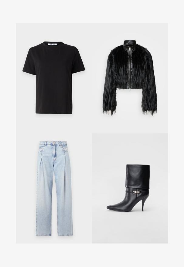 Fekete crop dzseki, amely hosszú műszőrme ujjakkal, fekete bőr gallérral és elöl cipzárral kombinálva, texturált, bolyhos felülettel rendelkezik.; Fekete, rövid ujjú póló, puha pamutból készült, kerek nyakkivágással, laza szabással és sima textúrával. Nincs látható minta vagy grafikák.; Világoskék farmernadrág magas derekú, bő szabású, két oldalsó zsebbel és pliszírozott dizájnnal. Puha tapintású, elhalványított felület.; Fekete bőr bokacsizma hegyes orral, magas stiletto sarokkal, hajtott szegéllyel és arany díszcsattal a bokán.