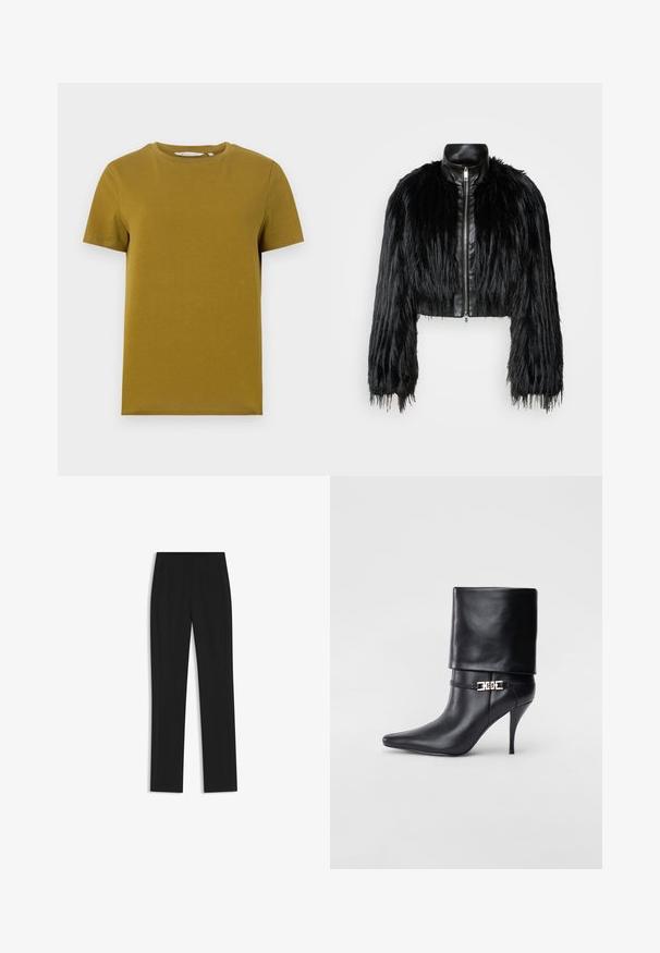 Schwarze, kurz geschnittene Jacke mit langen, gefälschten Pelzärmeln, einem schwarzen Lederkragen und einem Reißverschluss vorne, die eine strukturierte, fusselige Oberfläche hat.; Senfgelbes T-Shirt mit kurzen Ärmeln aus glattem Baumwollstoff. Verfügt über einen Rundhalsausschnitt und einen geraden Saum mit minimalen Nähten.; Schwarze maßgeschneiderte Hose mit geradem Bein, ausgestattet mit Fronttaschen und einem glatten, strukturierten Stoff. Saubere, minimale Details.; Schwarze Leder-Ankle-Boots mit spitzer Zehenpartie, hohen Stiletto-Absätzen, umgeschlagenem Schaft und einem goldenen dekorativen Schnallen-Detail an der Knöchel.