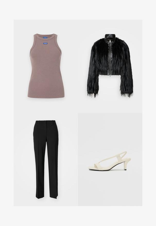 Giacca nera corta che combina maniche lunghe in pelliccia sintetica con un colletto in pelle nera e zip frontale, caratterizzata da una finitura testurizzata e shaggy.; Top aderente marrone a costine con scollatura rotonda, senza maniche, e una piccola etichetta blu sul davanti. Texture liscia, forma aderente.; Pantaloni neri su misura con un design a gamba dritta, caratterizzati da una texture liscia e pieghe ben definite sul davanti. Senza hardware visibile.; Sandali con tacco a blocco beige, con sottili cinturini e punta quadrata. Materiale liscio con dettagli minimi, progettati per un facile utilizzo.