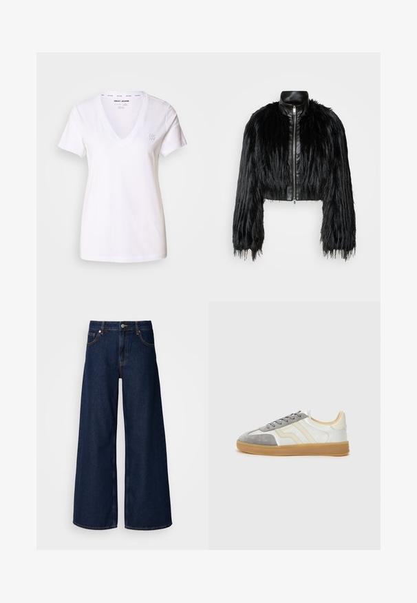 Fekete crop dzseki, amely hosszú műszőrme ujjakkal, fekete bőr gallérral és elöl cipzárral kombinálva, texturált, bolyhos felülettel rendelkezik.; Fehér V nyakú póló, pamutból készült. Rövid ujjú, laza fit. Diszkrét DKNY logó hímezve a bal mellrészen. Simaság jellemzi.; Széles szárú sötétkék farmernadrág magas derekú, elülső zsebekkel és gombos záródással. Kontrasztos varrással és sima textúrával rendelkezik.; Fehér bőrből készült sportcipő, szürke velúr orrésszel és gumitalppal. Szürke fűzőkkel és diszkrét márkázással a cipő oldalán.